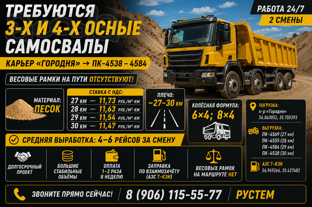 Тверская область | Требуются 3-х и 4-х осные самосвалы | Карьер «Городня» 30 км 345 руб м3 | Выработка 4-6 рейсов за смену
